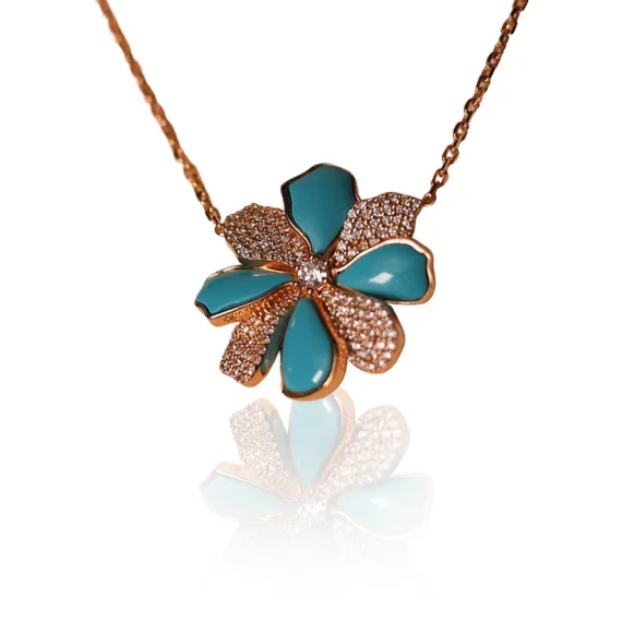 Marguerite en Or rose, diamant et pierre turquoise