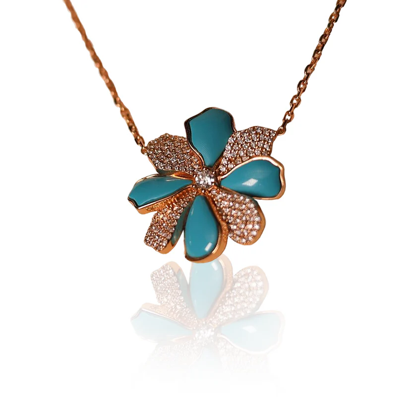 Marguerite en Or rose, diamant et pierre turquoise